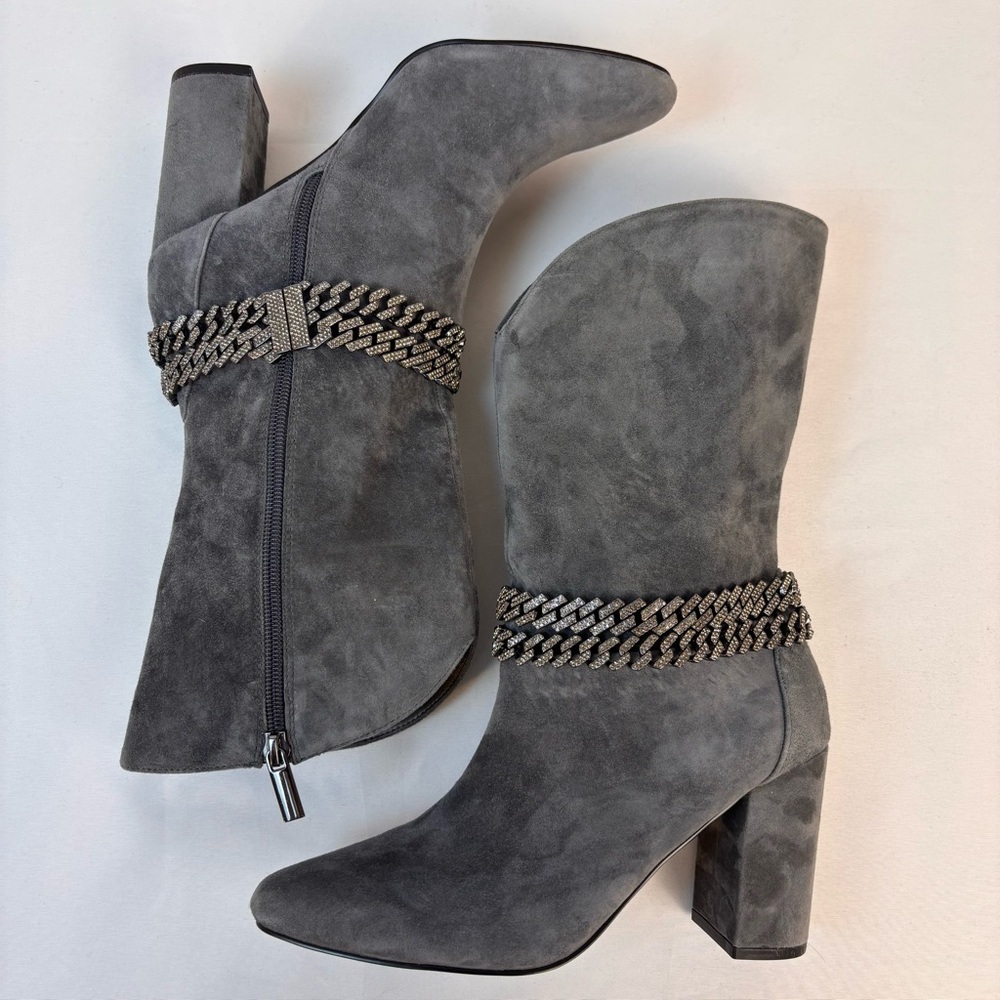 WHBM Suede Boots Chain Bracelet Chunky Mid Heel Boot Smoked Pearl Size 6 - Picture 8 of 16